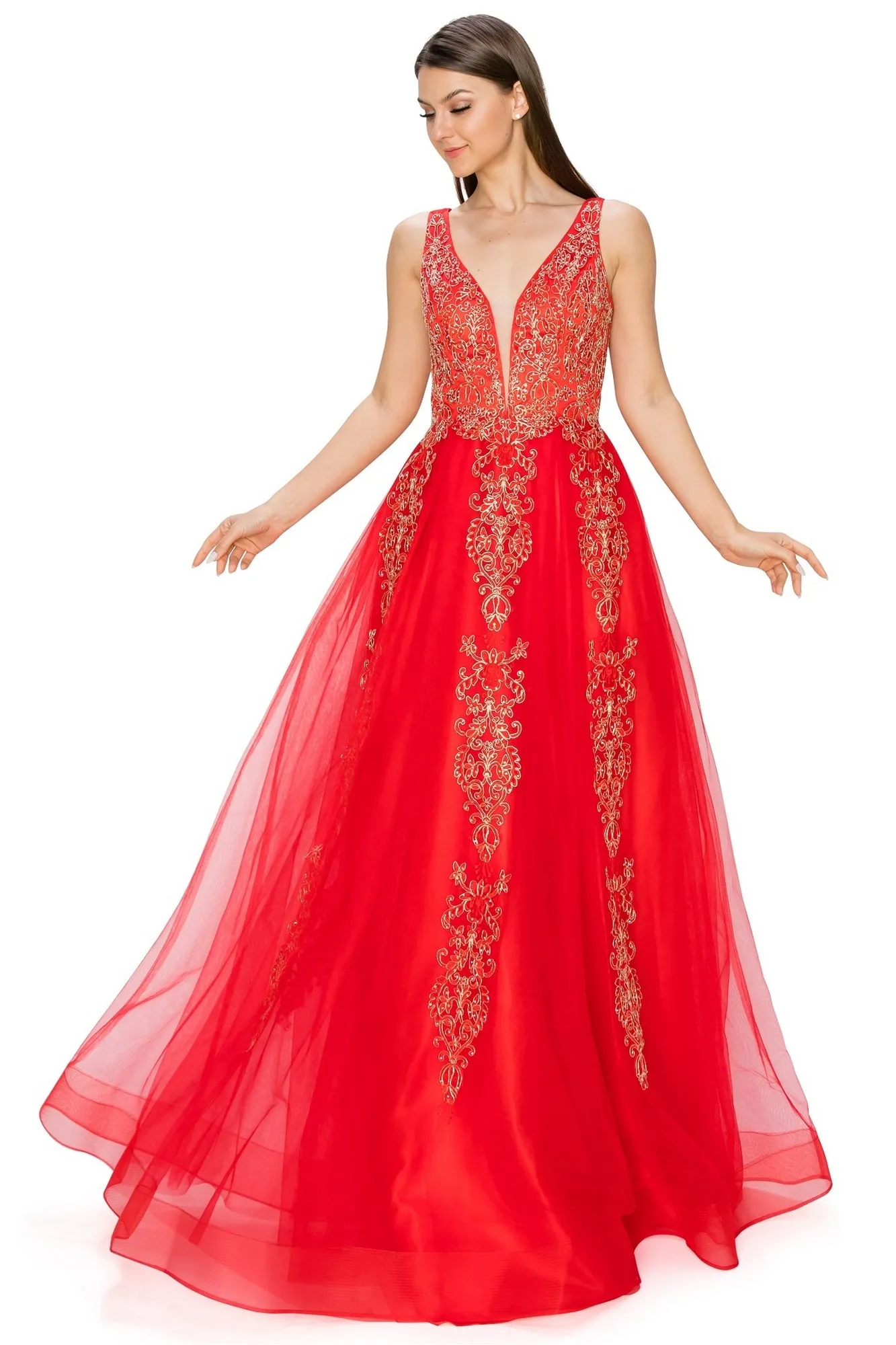A-Line Gold-Embroidered Long Prom Ball Gown 8029J sold by PromGirl