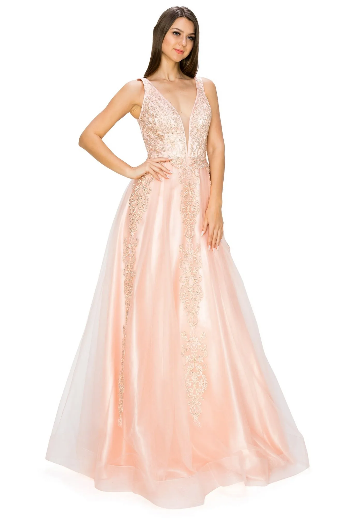 A-Line Gold-Embroidered Long Prom Ball Gown 8029J sold by PromGirl product image thumbnail 4