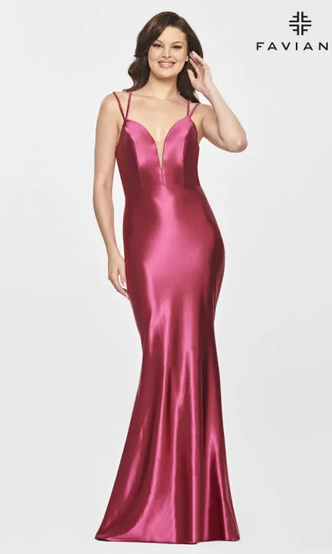 Faviana S10810 Raspberry Long Satin Formal Dress sold by PromGirl