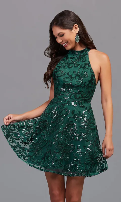 PromGirl Green High-Neck Short Homecoming Dress sold by PromGirl