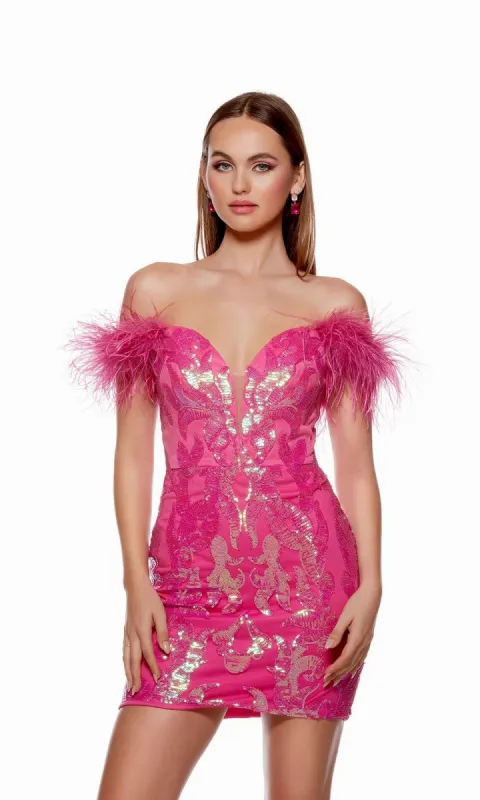 Feathered Short Pink Sequin Homecoming Dress 4621 sold by PromGirl