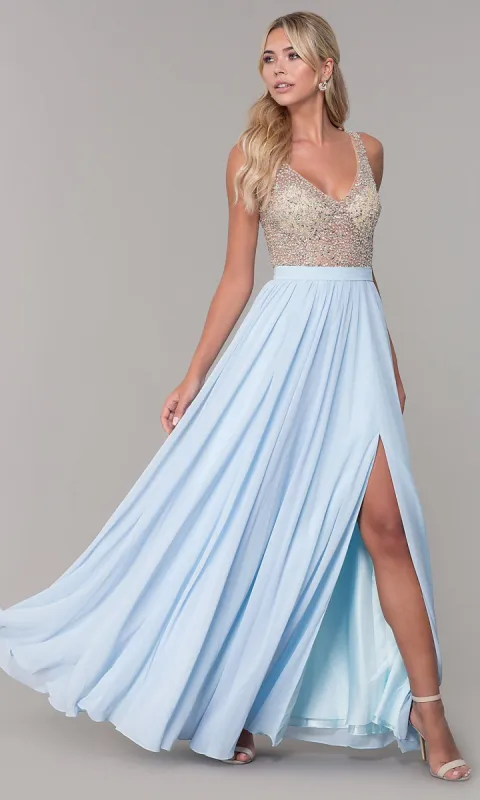 Long Illusion-Beaded-Bodice V-Neck Prom Dress made by Dancing Queen