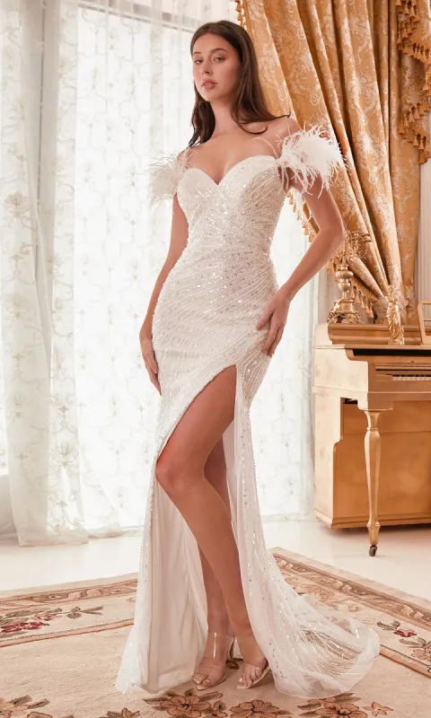 Feathered Long White Sequin Formal Dress CD0207W sold by PromGirl