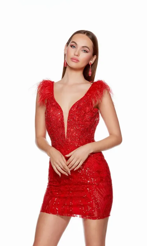Feathered Short Red Sequin Homecoming Dress 4614 sold by PromGirl