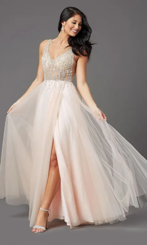 Sheer-Bodice Long Prom Ball Gown by PromGirl sold by PromGirl