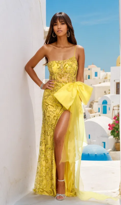 Dave and Johnny Long Yellow Prom Dress 11527 sold by PromGirl