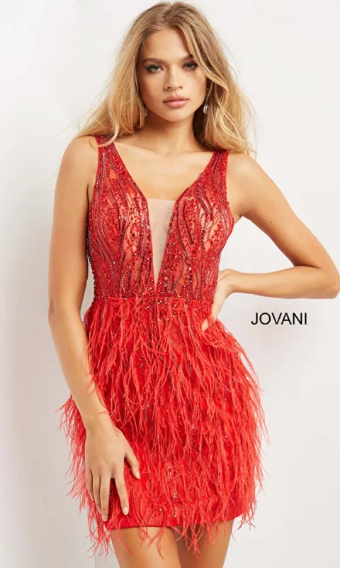 Low V-Neck Short Feather Cocktail Dress 04619 sold by PromGirl