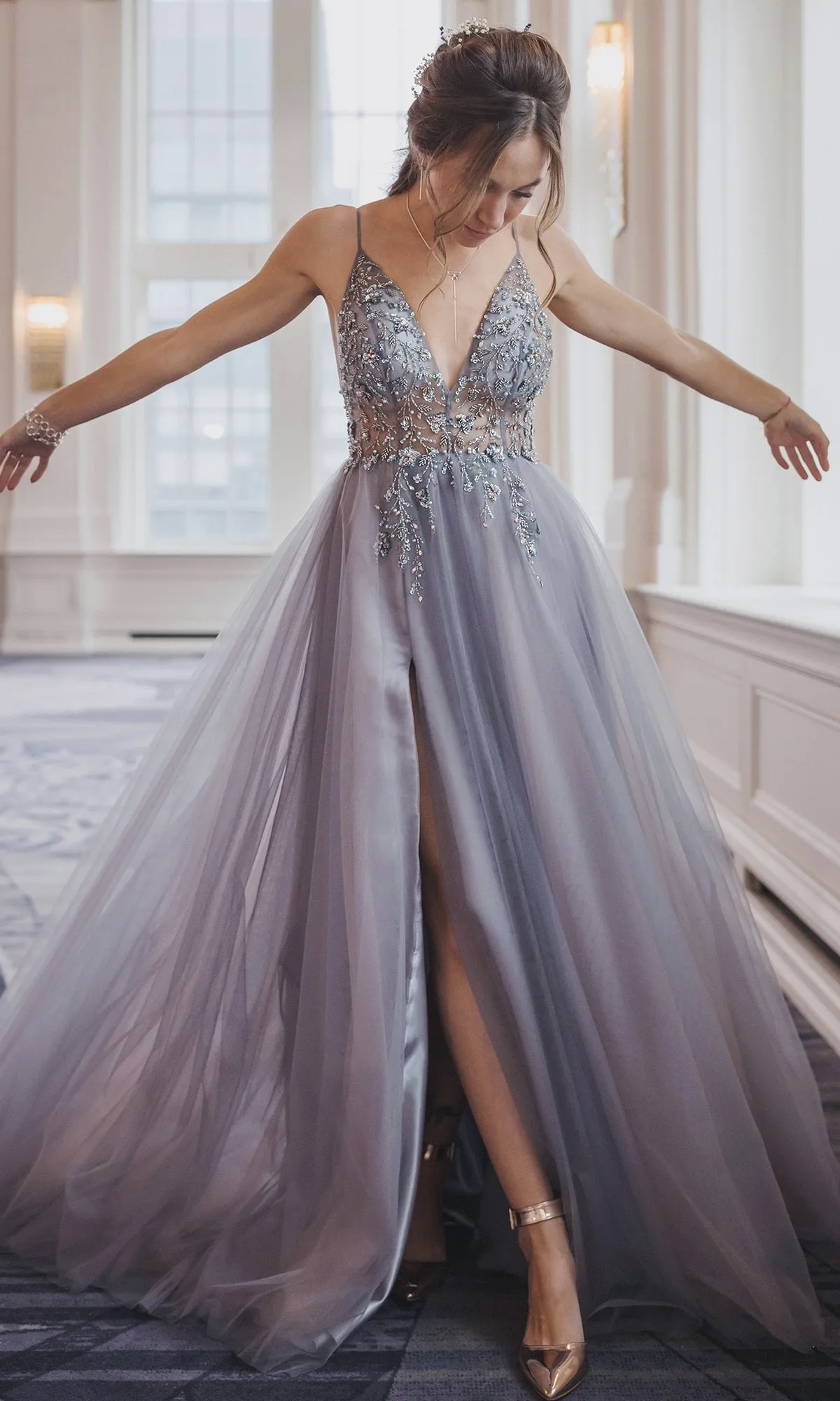 Long Tulle Prom Ball Gown with Embroidery CLA0672 sold by PromGirl product image thumbnail 3