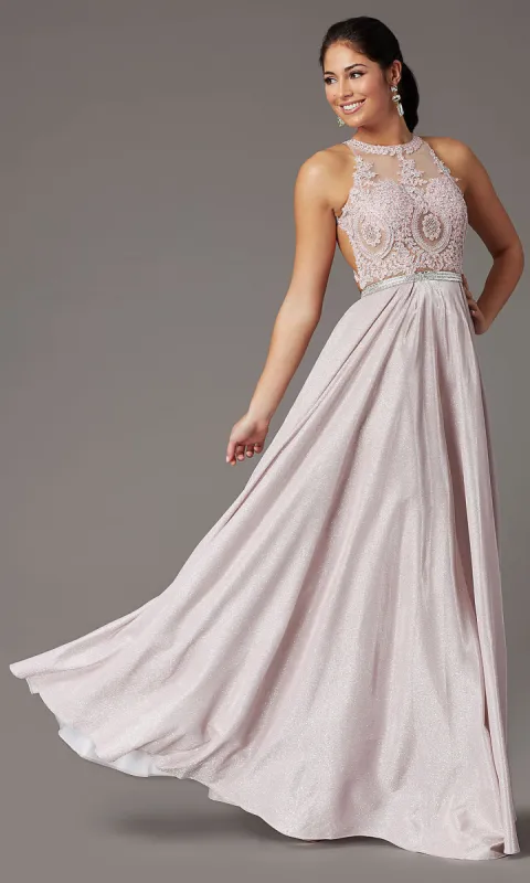 Long A-Line Glitter-Knit Prom Dress with Pockets sold by PromGirl