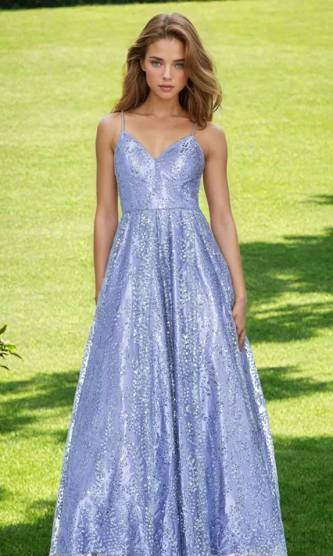 Long Periwinkle Glitter A-Line Prom Dress 3051BN sold by PromGirl