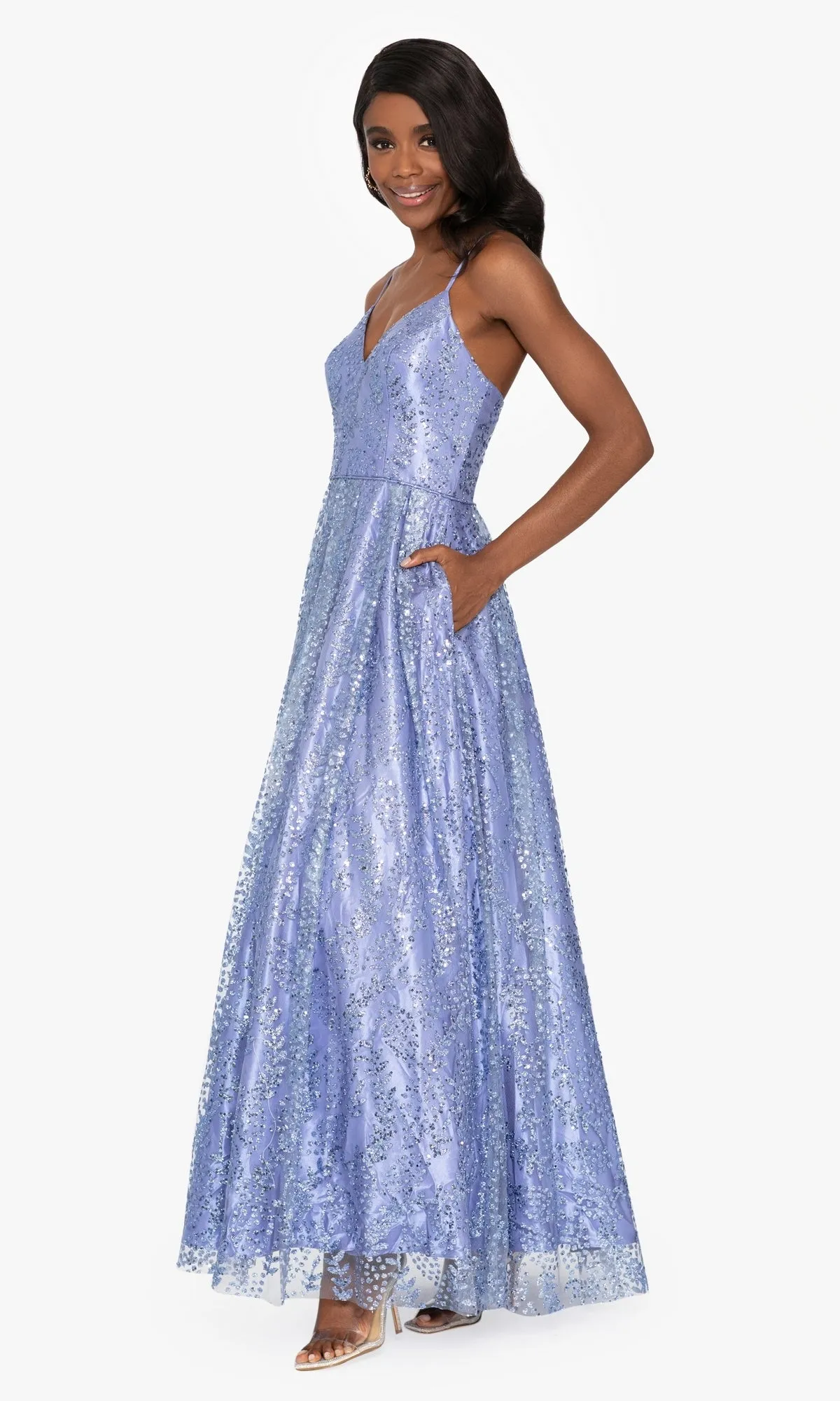 Long Periwinkle Glitter A-Line Prom Dress 3051BN sold by PromGirl product image thumbnail 3