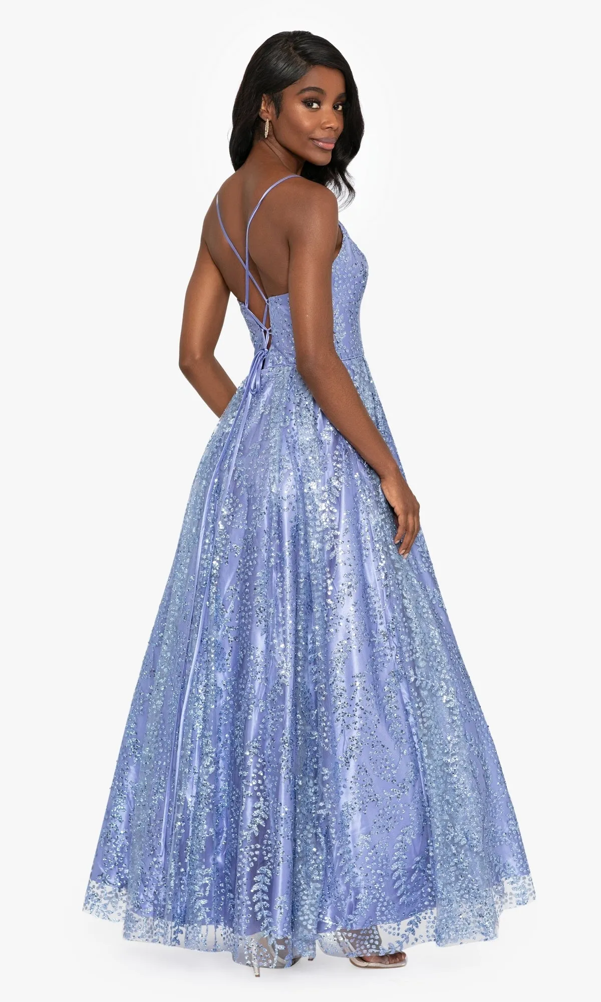 Long Periwinkle Glitter A-Line Prom Dress 3051BN sold by PromGirl product image thumbnail 2