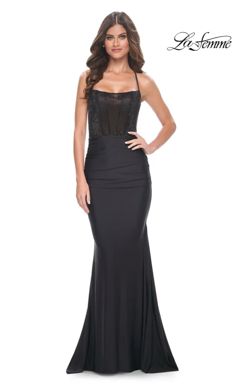 La Femme Long Black Corset Prom Dress 32064 made by La Femme
