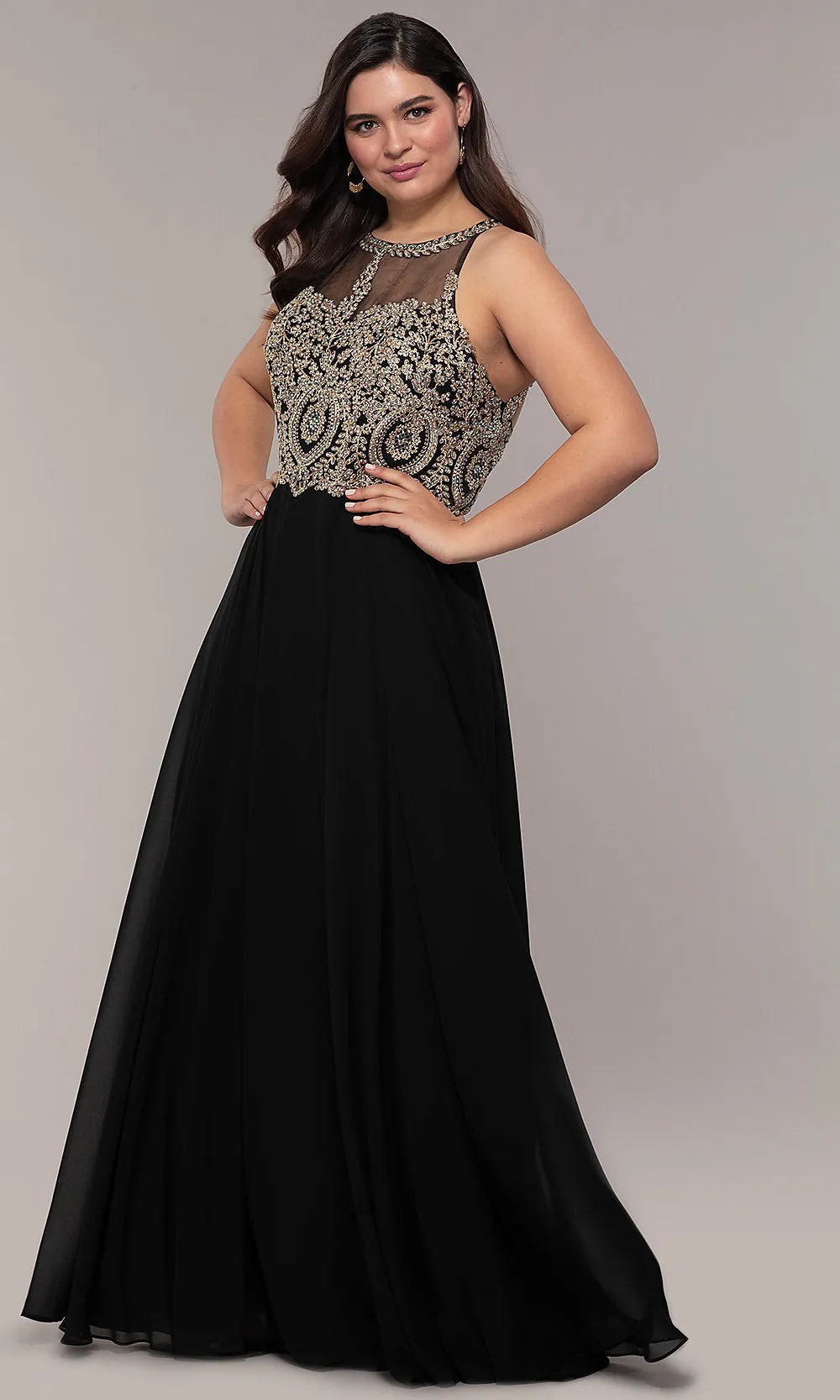 Long Chiffon Embroidered-Bodice Prom Dress sold by PromGirl