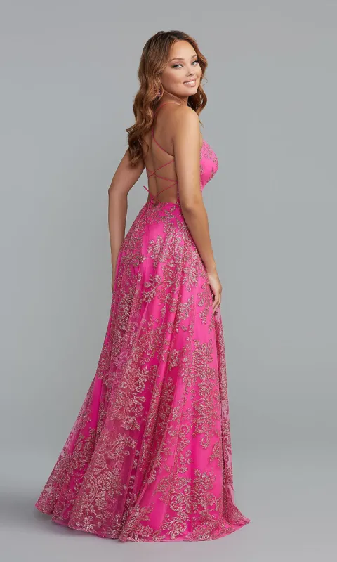 PromGirl Sequin-Print Long Bright Pink Prom Dress sold by PromGirl
