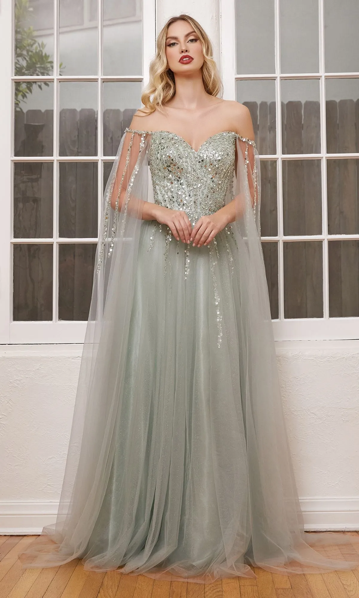 Cape-Sleeve Long Beaded Prom Dress CD0204 sold by PromGirl product image thumbnail 4