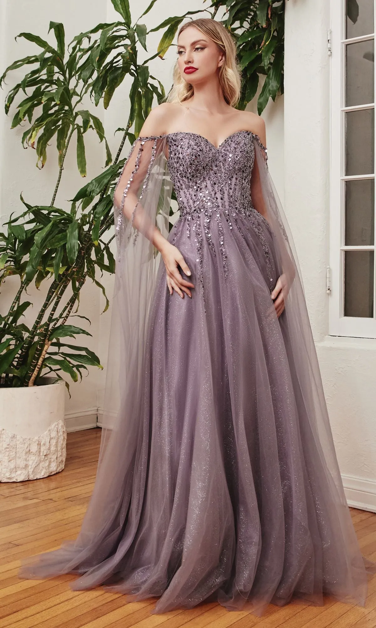 Cape-Sleeve Long Beaded Prom Dress CD0204 sold by PromGirl product image thumbnail 3