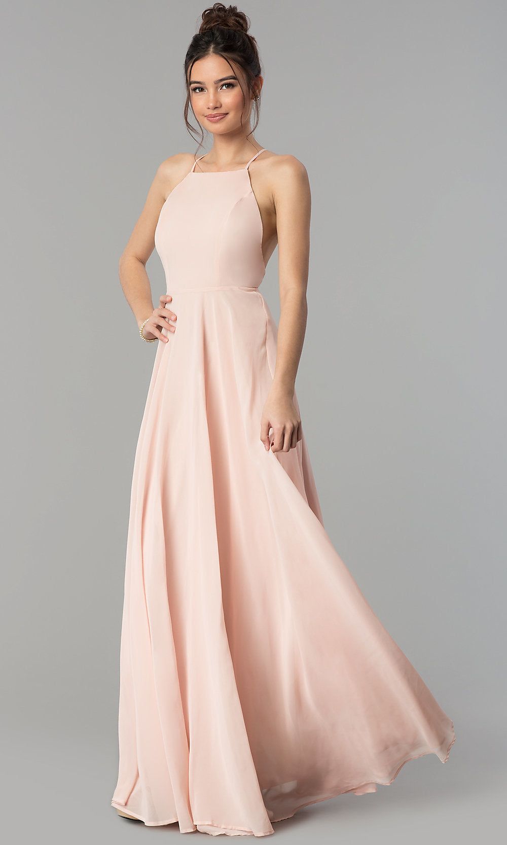 Open-Back High-Neck A-Line Chiffon Long Prom Dress sold by PromGirl product image thumbnail 3