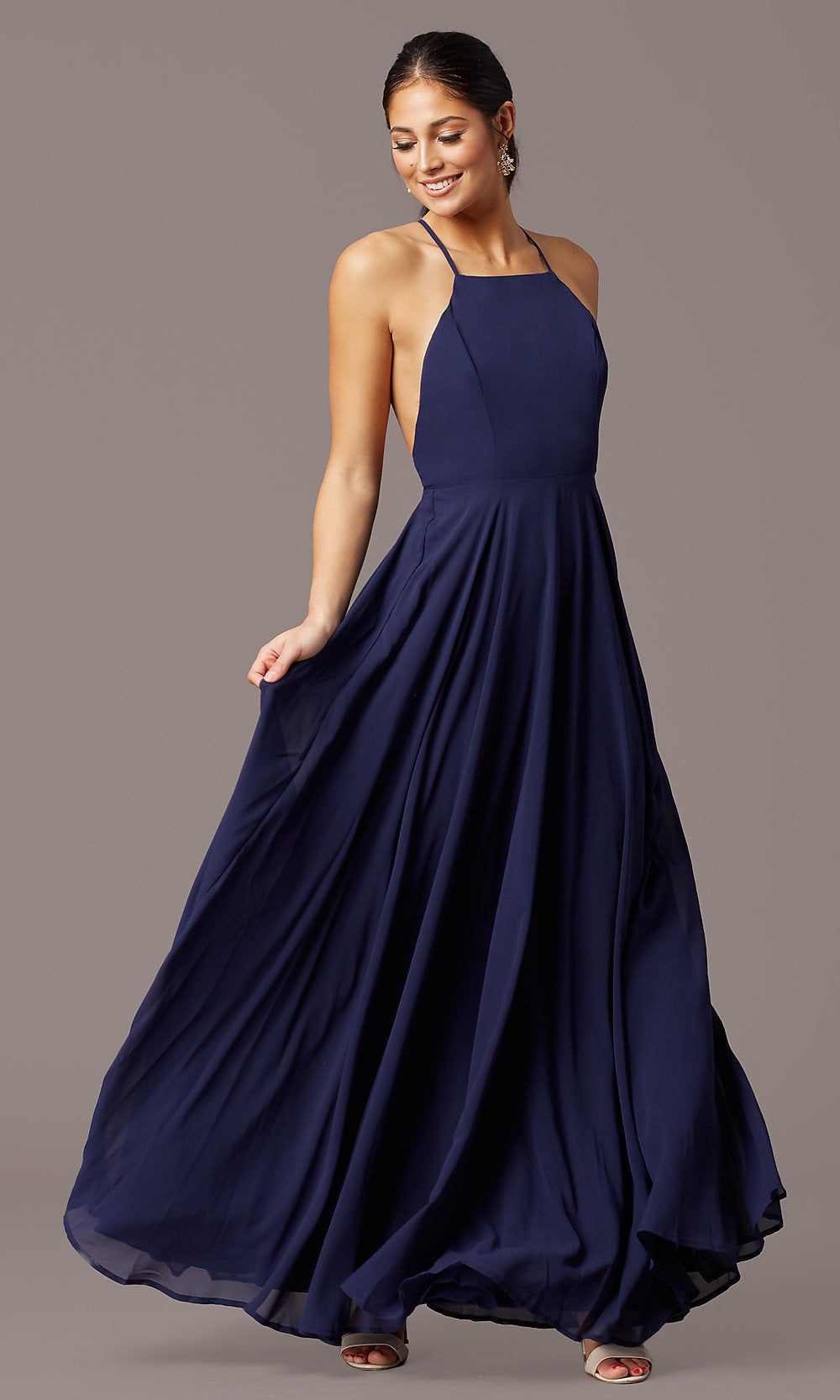 Open-Back High-Neck A-Line Chiffon Long Prom Dress sold by PromGirl product image thumbnail 4