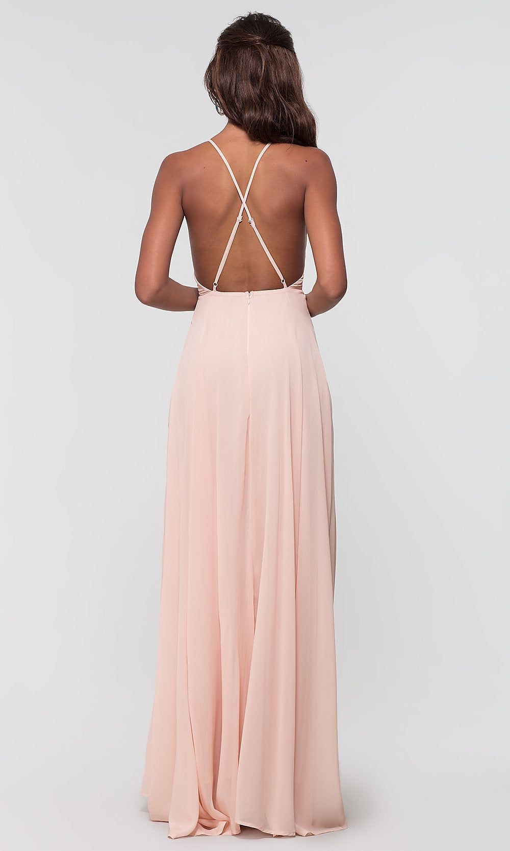 Open-Back High-Neck A-Line Chiffon Long Prom Dress sold by PromGirl product image thumbnail 2