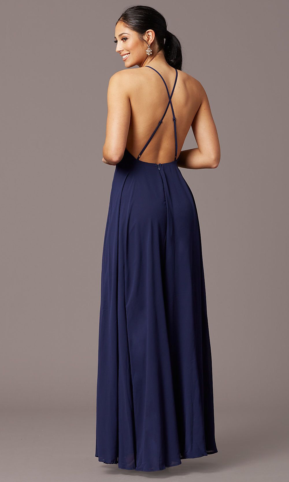 Open-Back High-Neck A-Line Chiffon Long Prom Dress sold by PromGirl product image thumbnail 5