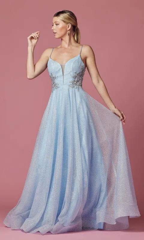 Embroidered Sheer-Back Long Glitter Prom Dress sold by PromGirl