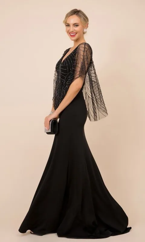 Long Formal Women's Dress with Beaded Cape sold by PromGirl