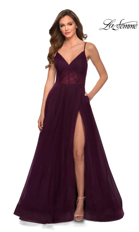 La Femme Sheer-Waist Long A-Line Prom Dress 29076 sold by PromGirl