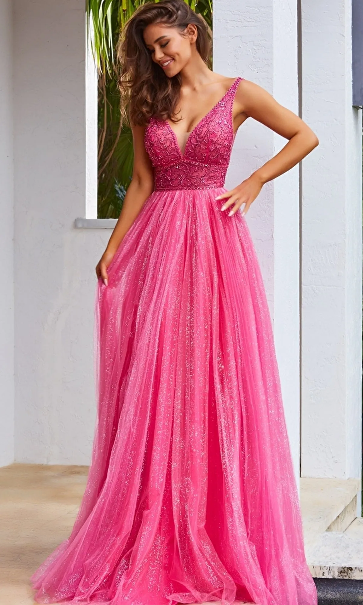 Glitter-Pleated Long A-Line Prom Dress JVN05818 sold by PromGirl product image thumbnail 5