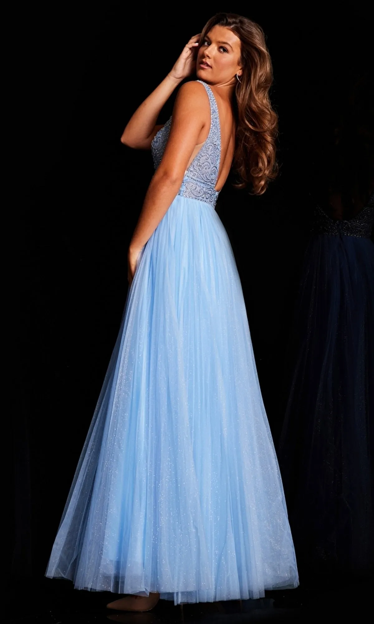 Glitter-Pleated Long A-Line Prom Dress JVN05818 sold by PromGirl product image thumbnail 2