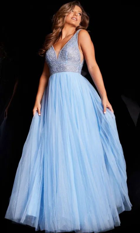 Glitter-Pleated Long A-Line Prom Dress JVN05818 sold by PromGirl