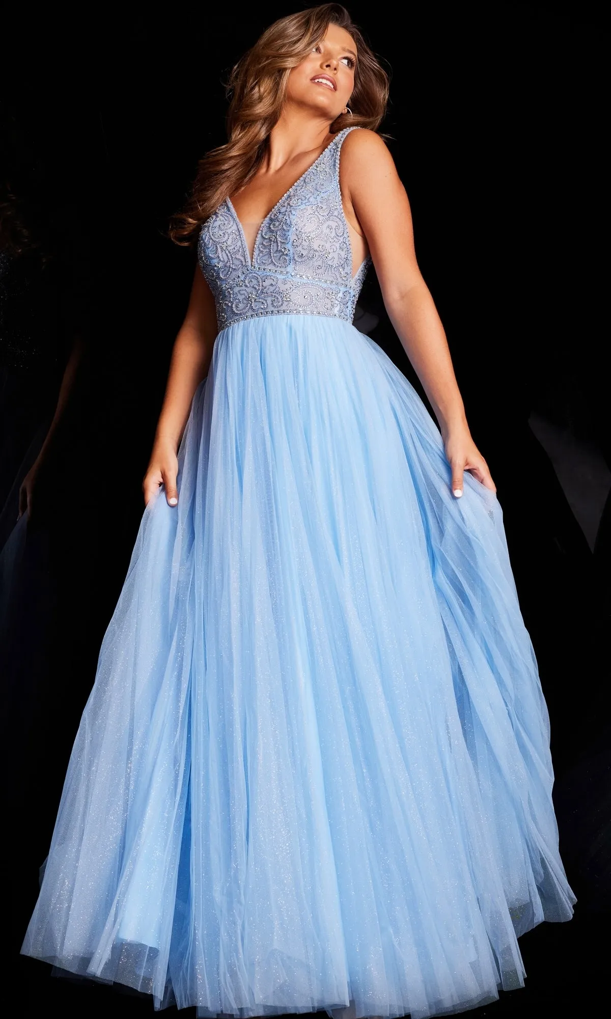 Glitter-Pleated Long A-Line Prom Dress JVN05818 sold by PromGirl
