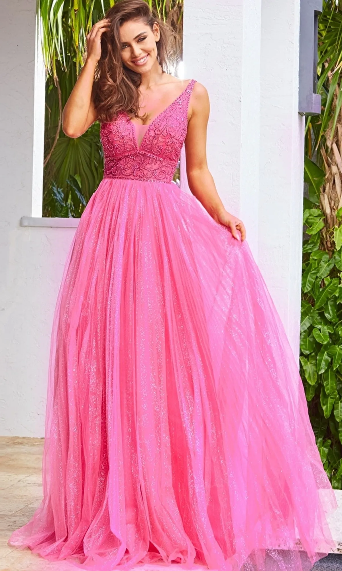 Glitter-Pleated Long A-Line Prom Dress JVN05818 sold by PromGirl product image thumbnail 3