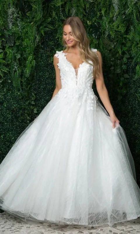 Floral-Applique Long White Ball Gown Wedding Dress sold by PromGirl