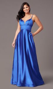 Long Satin V-Neck Prom Dress by PromGirl sold by PromGirl