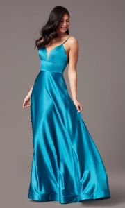 Long Satin V-Neck Prom Dress by PromGirl sold by PromGirl