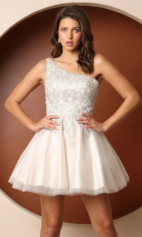 Short White Beaded One-Shoulder Homecoming Dress sold by PromGirl