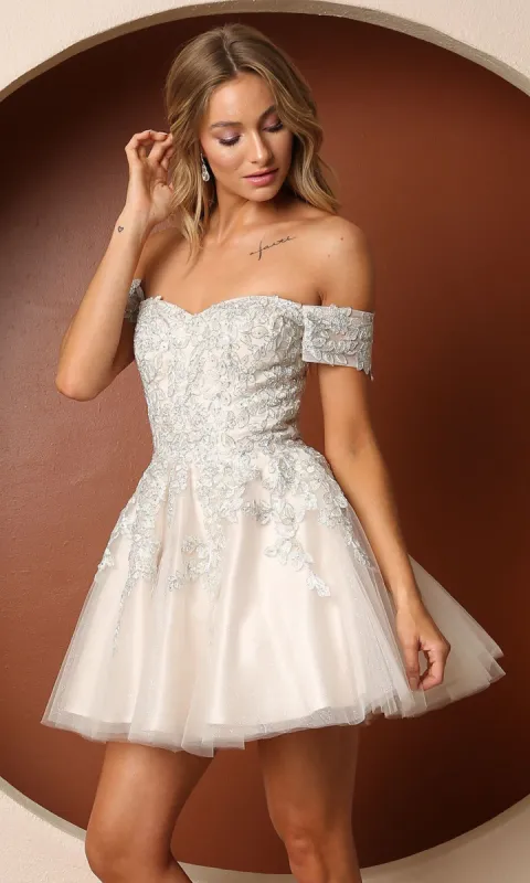 Off-the-Shoulder Short White Homecoming Dress sold by PromGirl