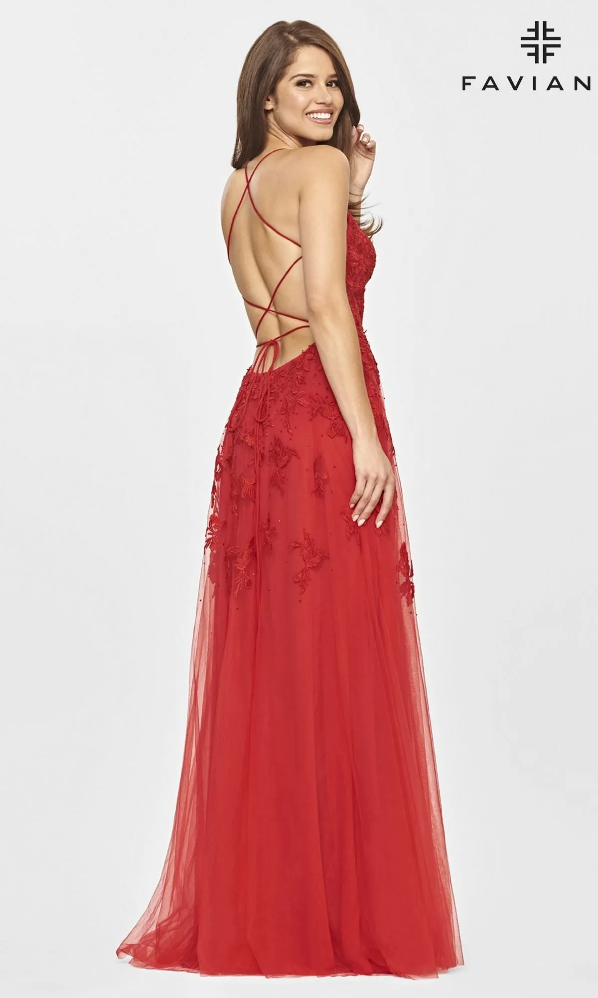 Faviana Strappy-Back Long Lace A-Line Prom Dress sold by PromGirl product image thumbnail 2