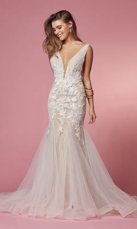 White Lace Formal Mermaid Bridal Gown sold by PromGirl
