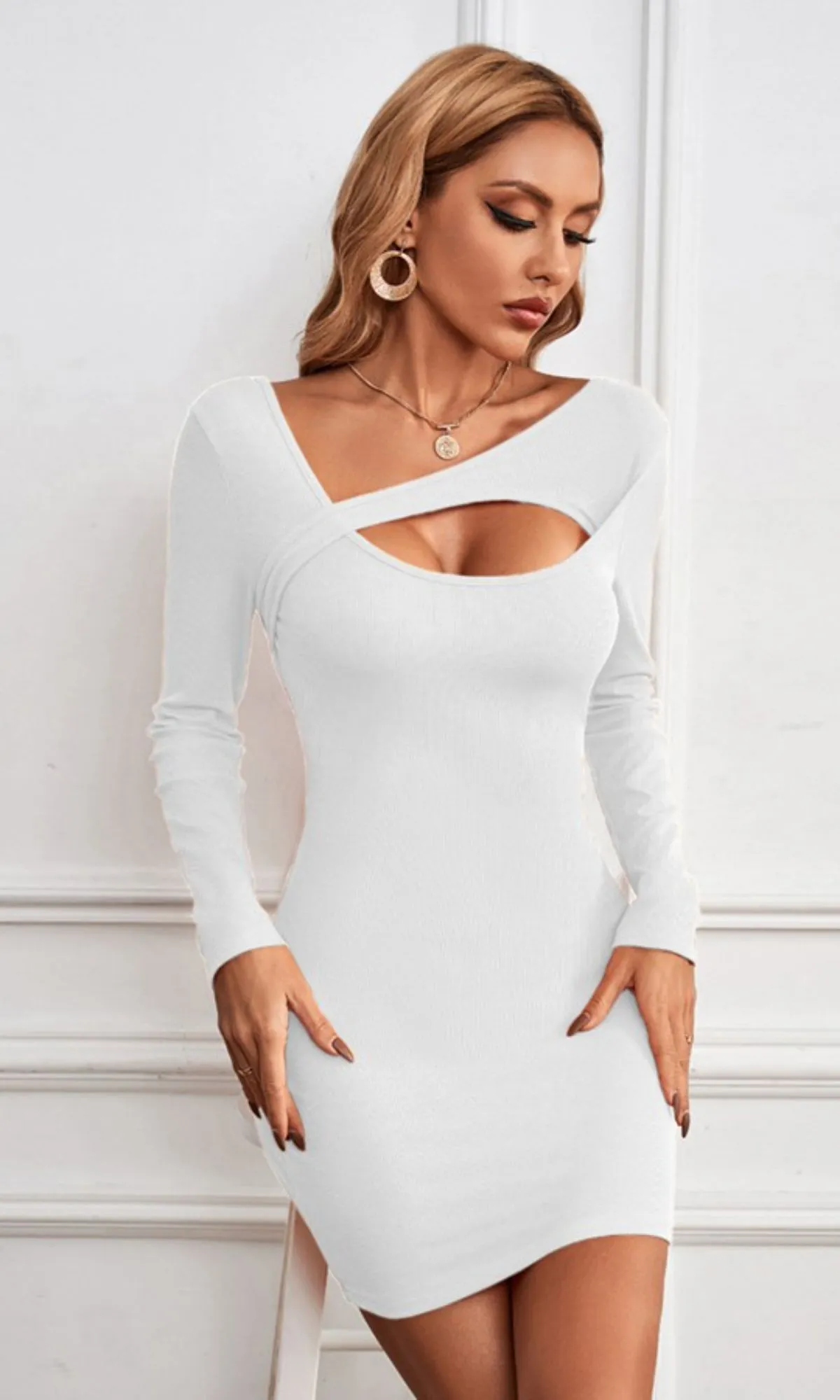 Long-Sleeve Short White Party Dress with Cut Out sold by PromGirl product image thumbnail 5