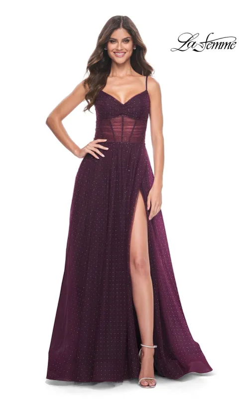La Femme Sheer-Waist Long Beaded Prom Dress 31970 sold by PromGirl