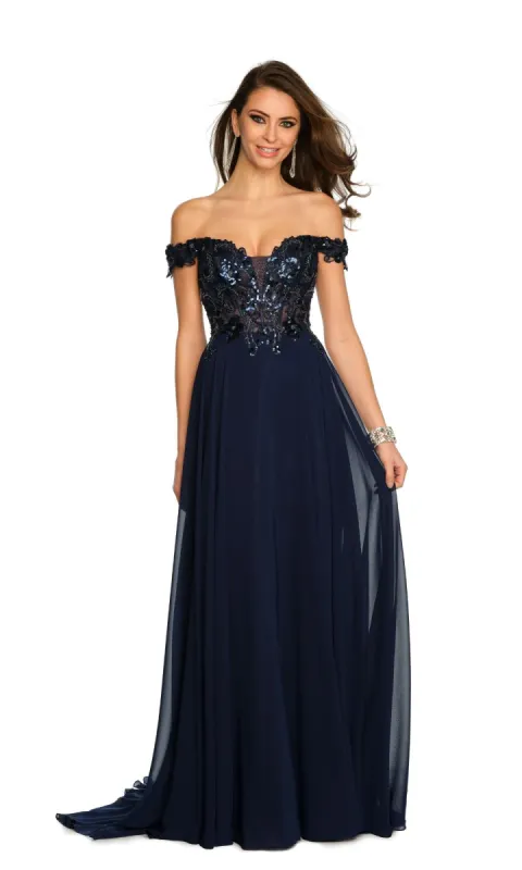 Dave and Johnny Off-Shoulder Navy Prom Dress 11242 sold by PromGirl