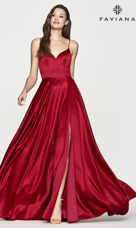 Ruby Red Satin Long A-Line Prom Dress by Faviana sold by PromGirl