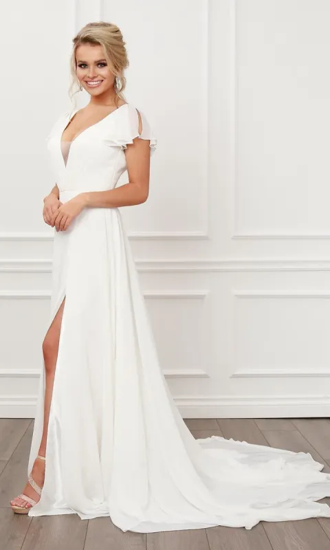 White Flutter-Sleeve Long Chiffon Bridal Gown sold by PromGirl