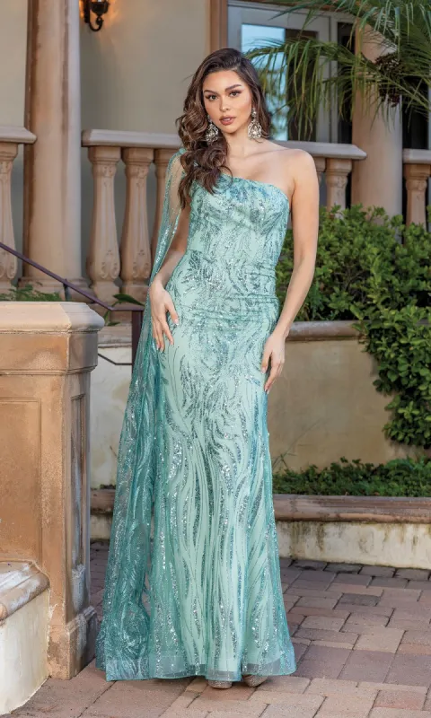 One-Shoulder Long Glitter Prom Gown with Cape sold by PromGirl