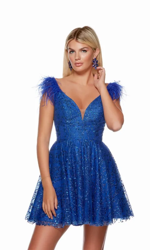 Short Glitter Homecoming Dress with Feathers 3151 sold by PromGirl