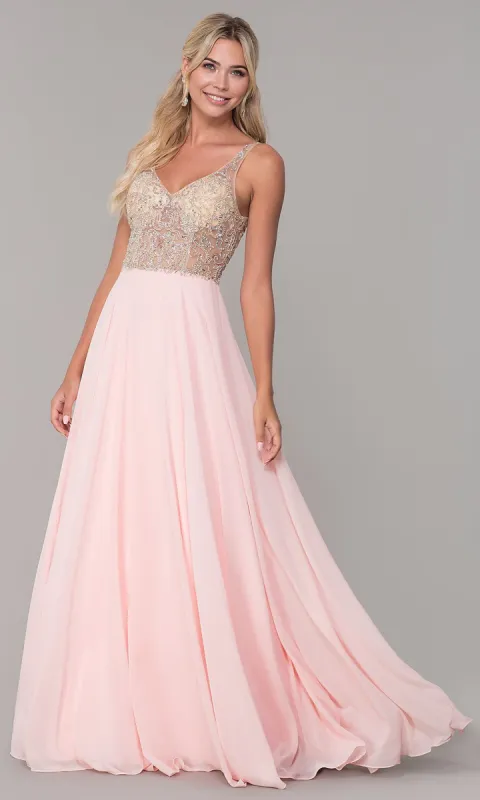 Chiffon Open-Back V-Neck Long Prom Dress sold by PromGirl
