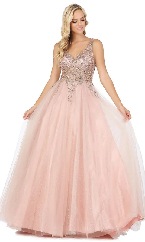 Sheer-Beaded-Bodice Ball-Gown-Style Prom Dress sold by PromGirl
