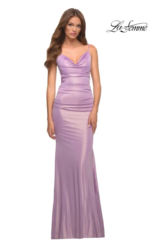 La Femme Metallic Jersey Cowl-Neck Long Prom Dress sold by PromGirl